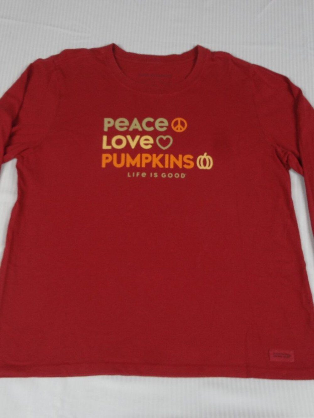 LIFE IS GOOD PEACE LOVE PUNPKINS RED LONG SLEEVE XL WOMENS SHIRT M52 *SPOT C PIC